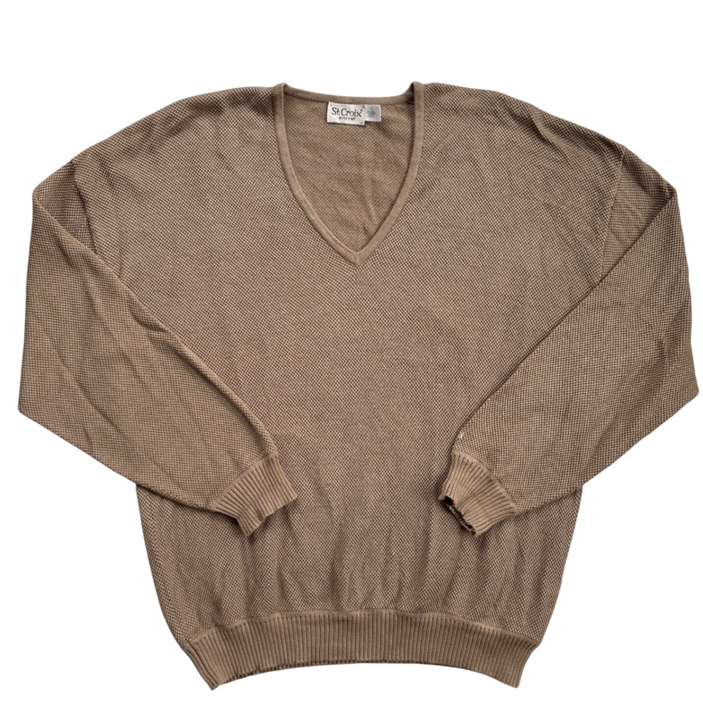 St. Croix Knits V-Neck Sweater Mens Large Tan Brown Excellent Cotton Blend USA
